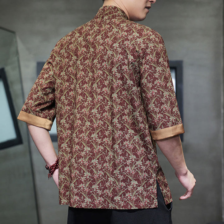 Buddha Stones Summer Colorful Floral Leaves Pattern Short Sleeve Frog-button Design Men's Cotton Shirt - image 3