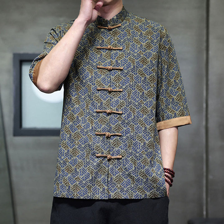 Buddha Stones Summer Colorful Floral Leaves Pattern Short Sleeve Frog-button Design Men's Cotton Shirt - image 20