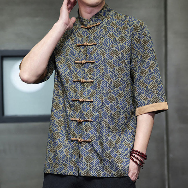 Buddha Stones Summer Colorful Floral Leaves Pattern Short Sleeve Frog-button Design Men's Cotton Shirt - image 19