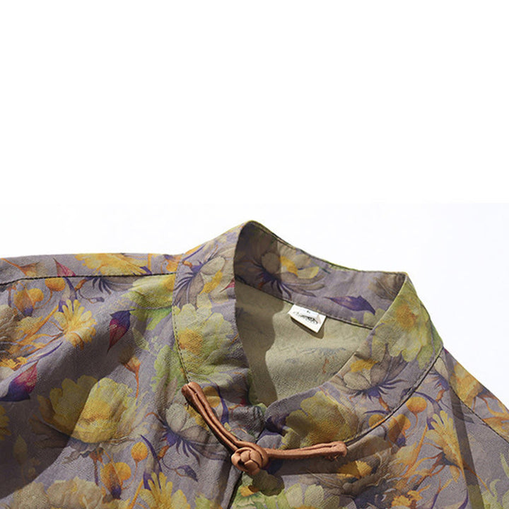 Buddha Stones Summer Colorful Floral Leaves Pattern Short Sleeve Frog-button Design Men's Cotton Shirt - image 14
