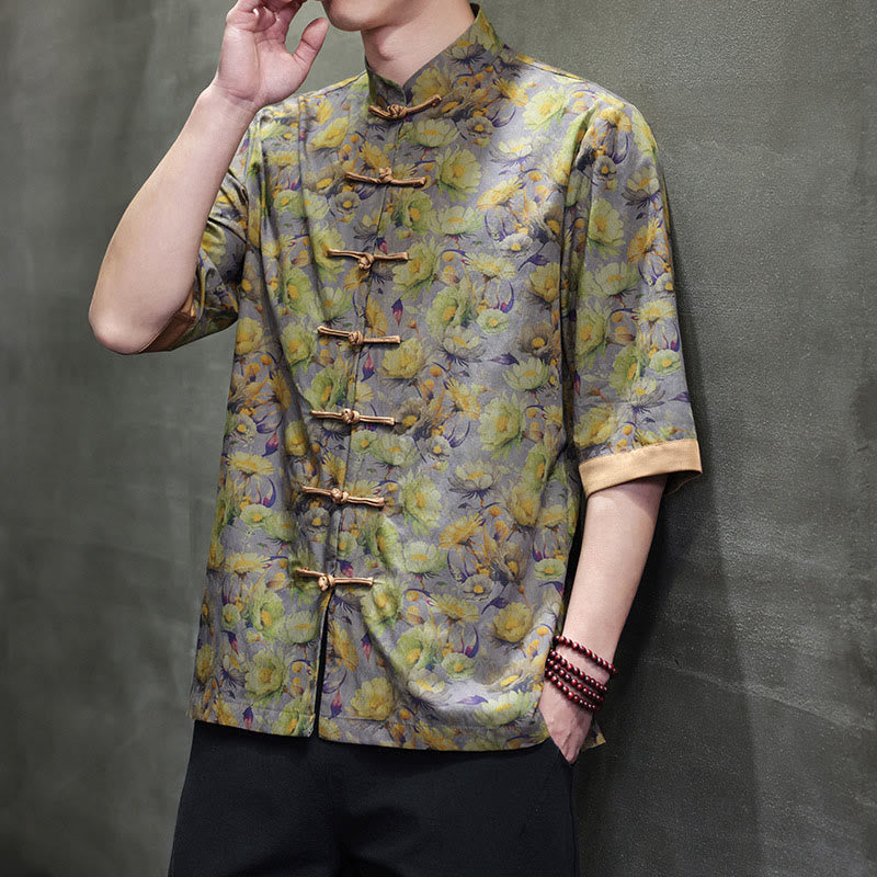 Buddha Stones Summer Colorful Floral Leaves Pattern Short Sleeve Frog-button Design Men's Cotton Shirt - image 13