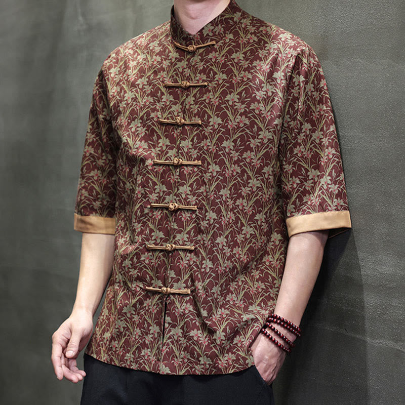 Buddha Stones Summer Colorful Floral Leaves Pattern Short Sleeve Frog-button Design Men's Cotton Shirt - image 5