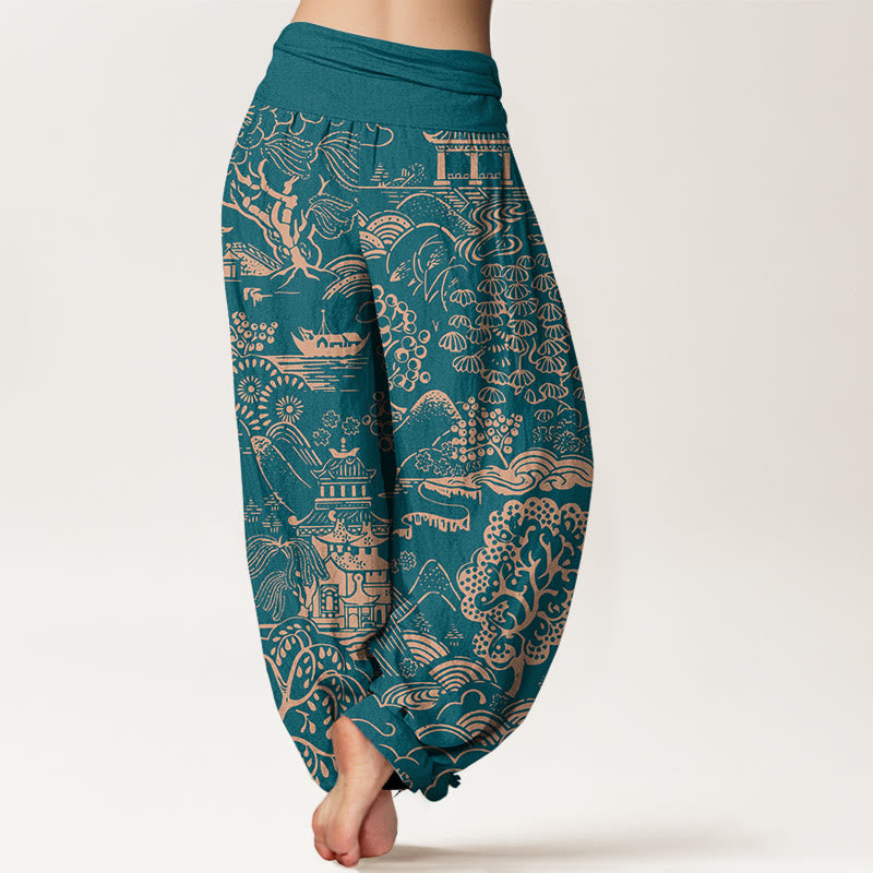 Buddha Stones Cotton Exquisite Tree Building Cloud Pattern Women's Elastic Waist Harem Pants - image 1