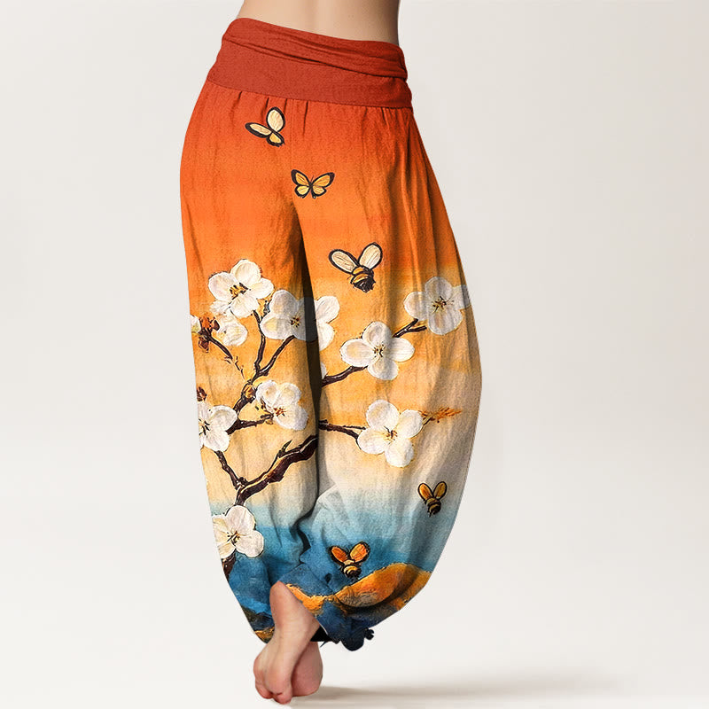Buddha Stones Cotton Colourful Flower Butterfly Bee Pattern Women's Elastic Waist Harem Pants - image 1