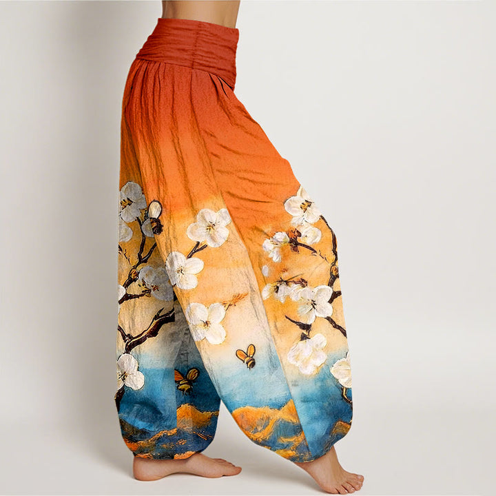 Buddha Stones Cotton Colourful Flower Butterfly Bee Pattern Women's Elastic Waist Harem Pants - image 2