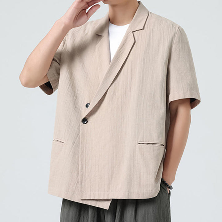 Buddha Stones Spring Plain Asymmetrical Lapel Collar Short Sleeve Men's Cotton Linen Shirt With Pockets - image 23