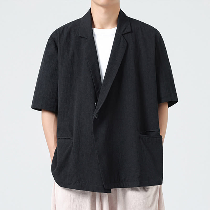 Buddha Stones Spring Plain Asymmetrical Lapel Collar Short Sleeve Men's Cotton Linen Shirt With Pockets - image 9