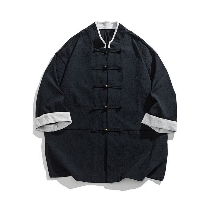 Buddha Stones Spring Solid Color Three Quarter Sleeve Tang Suit Men's Buttons Shirt With Pockets - MidnightBlue - US/UK/AU46，EU56 (5XL) - image 1