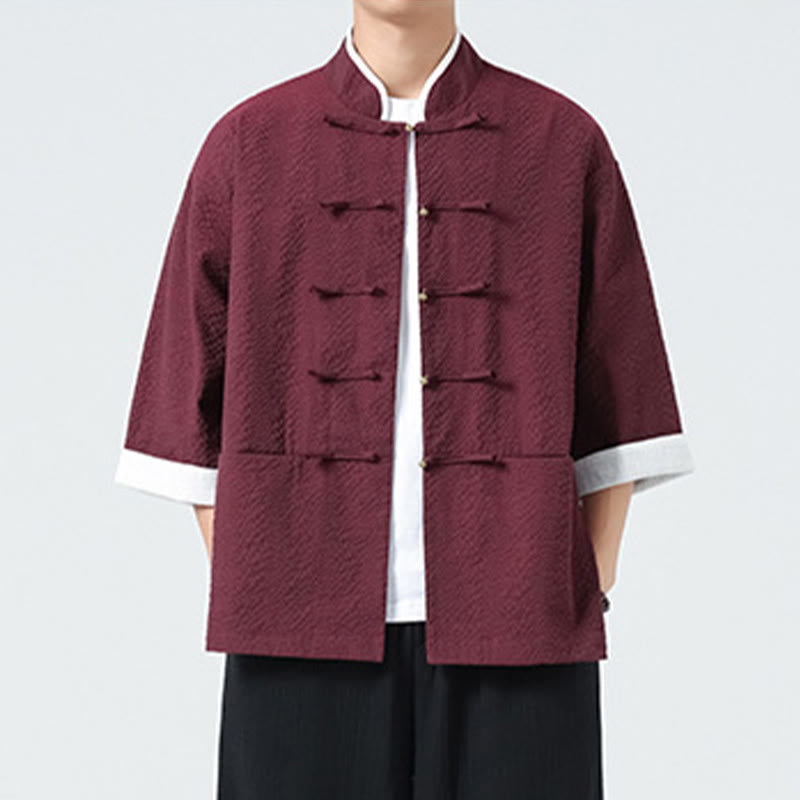 Buddha Stones Spring Solid Color Three Quarter Sleeve Tang Suit Men's Buttons Shirt With Pockets - image 17