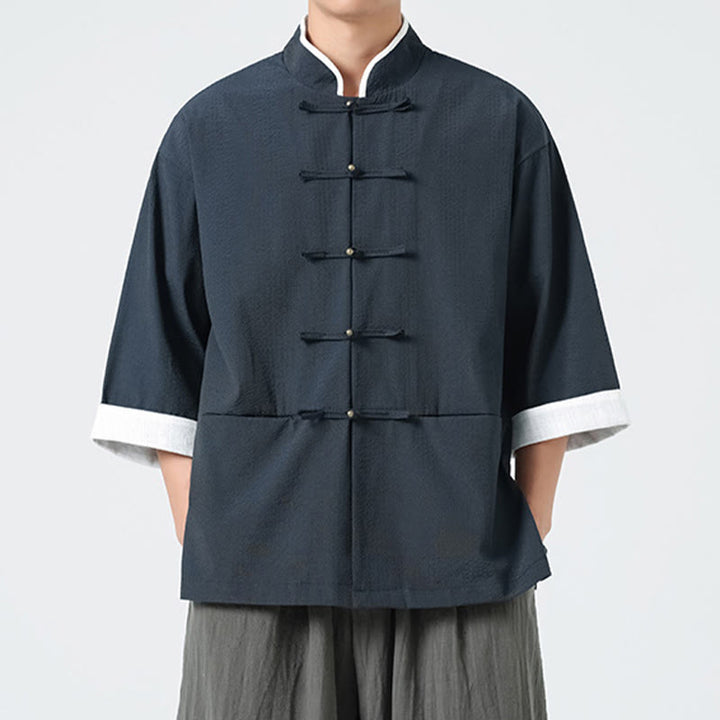 Buddha Stones Spring Solid Color Three Quarter Sleeve Tang Suit Men's Buttons Shirt With Pockets - image 4