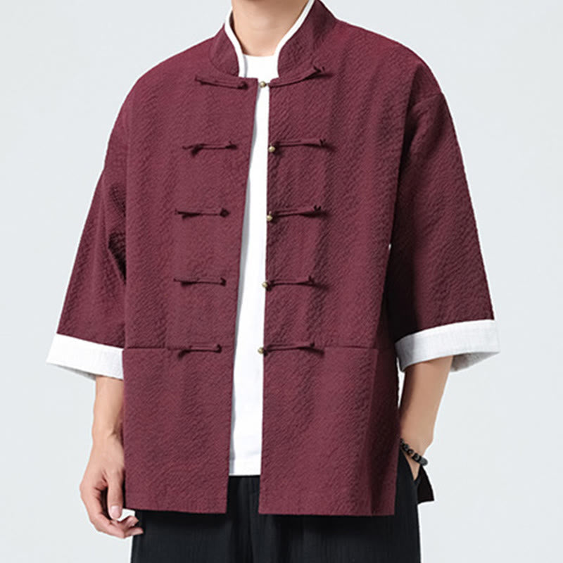 Buddha Stones Spring Solid Color Three Quarter Sleeve Tang Suit Men's Buttons Shirt With Pockets - image 18