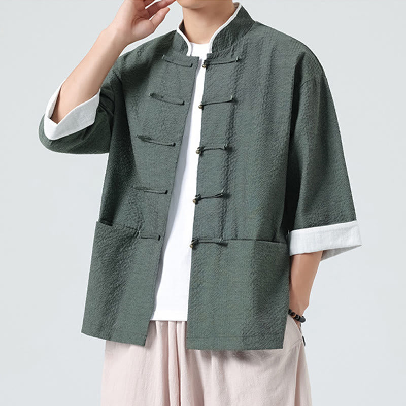 Buddha Stones Spring Solid Color Three Quarter Sleeve Tang Suit Men's Buttons Shirt With Pockets - image 30