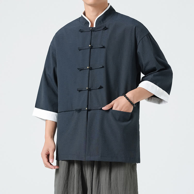 Buddha Stones Spring Solid Color Three Quarter Sleeve Tang Suit Men's Buttons Shirt With Pockets - image 2