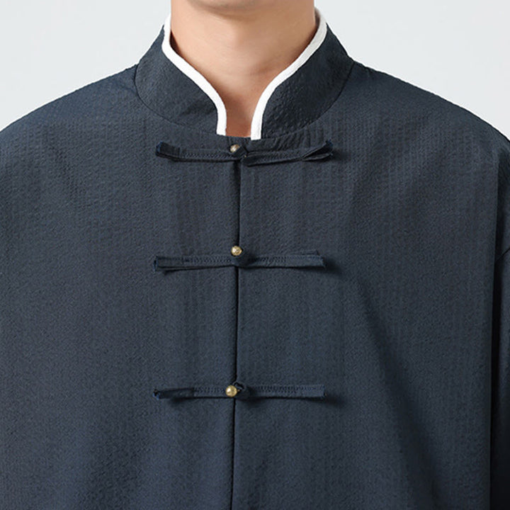 Buddha Stones Spring Solid Color Three Quarter Sleeve Tang Suit Men's Buttons Shirt With Pockets - image 9