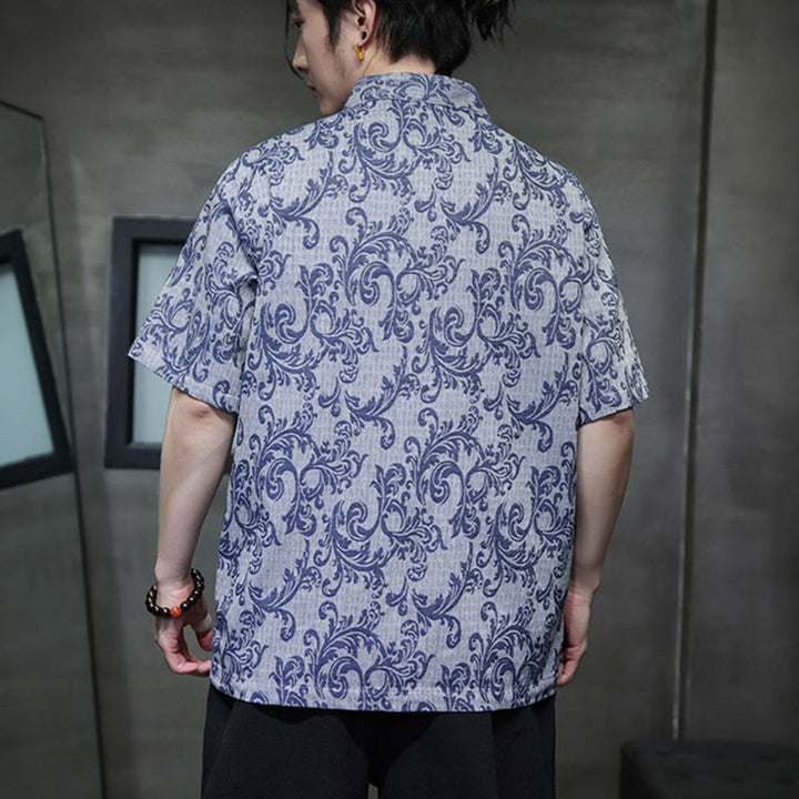 Buddha Stones Summer Floral Vine Pattern Tang Suit Men's Frog-Button Short Sleeve Shirt With Pockets - image 1