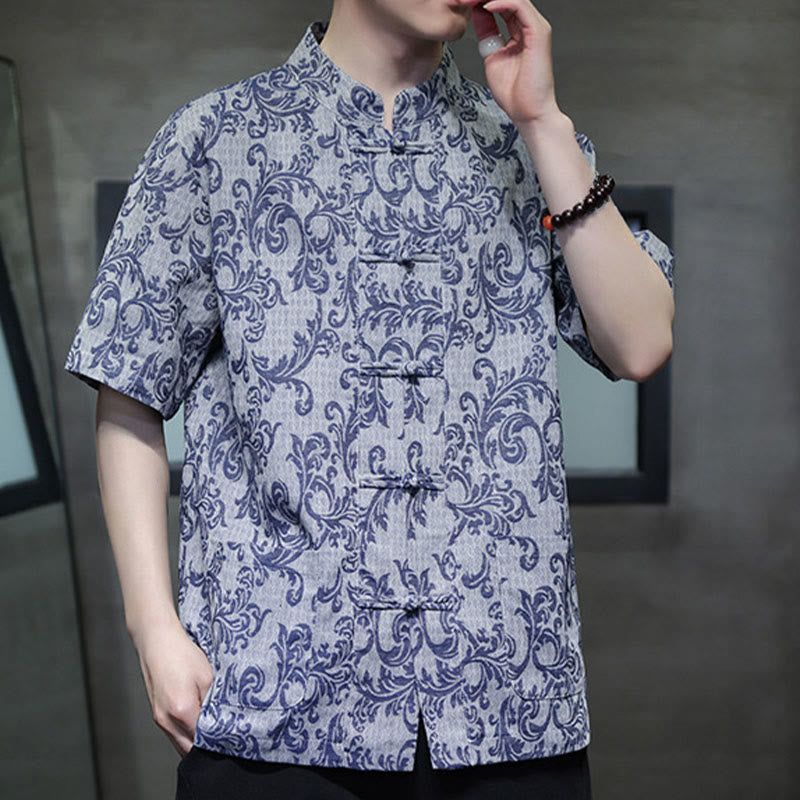 Buddha Stones Summer Floral Vine Pattern Tang Suit Men's Frog-Button Short Sleeve Shirt With Pockets - image 4