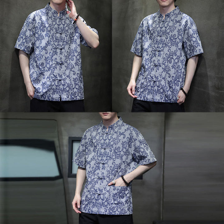 Buddha Stones Summer Floral Vine Pattern Tang Suit Men's Frog-Button Short Sleeve Shirt With Pockets - image 9