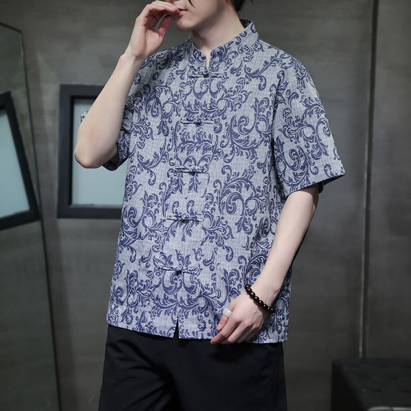 Buddha Stones Summer Floral Vine Pattern Tang Suit Men's Frog-Button Short Sleeve Shirt With Pockets - image 2