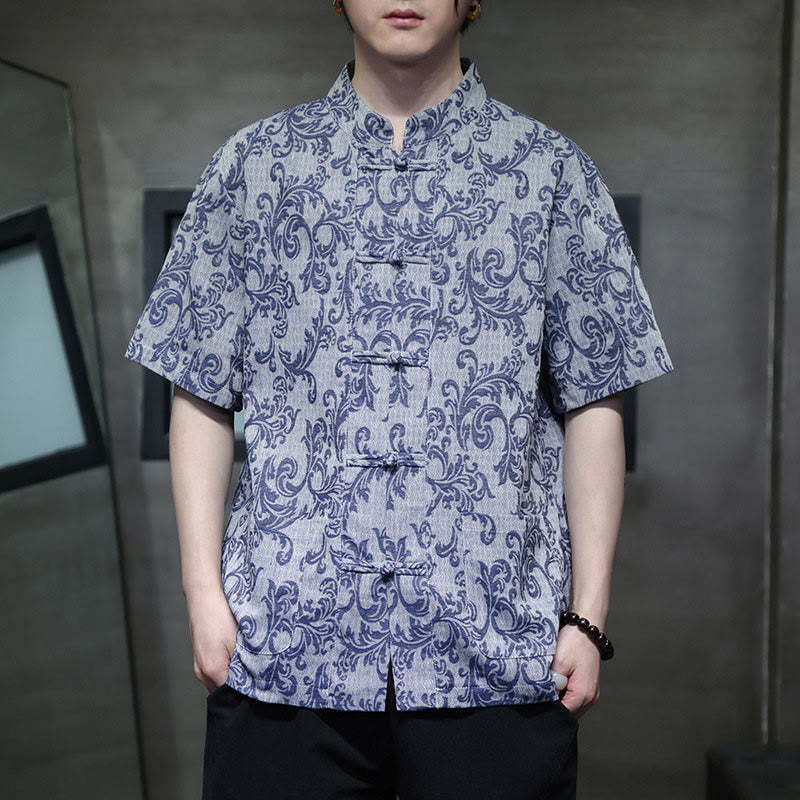 Buddha Stones Summer Floral Vine Pattern Tang Suit Men's Frog-Button Short Sleeve Shirt With Pockets - LightSteelBlue - US/UK/AU44，EU54 (4XL) - image 0