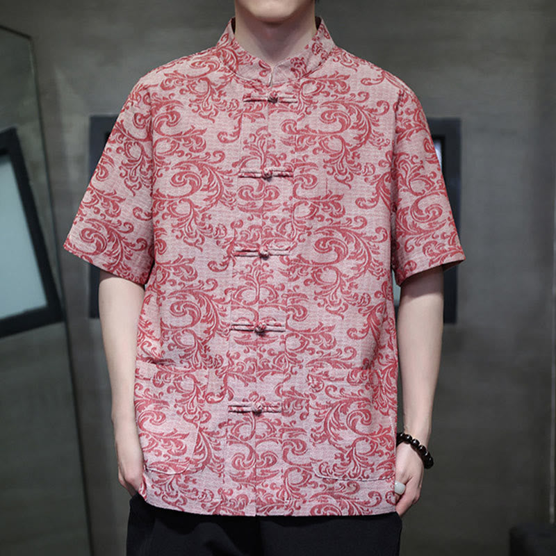 Buddha Stones Summer Floral Vine Pattern Tang Suit Men's Frog-Button Short Sleeve Shirt With Pockets - LightPink - US/UK/AU44，EU54 (4XL) - image 14