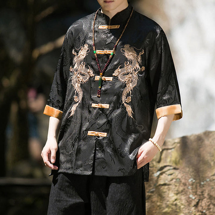 Buddha Stones Embroidered Dragon Pattern Colorblock Design Tang Suit Men's Frog-Button Half Sleeve Shirt - image 13
