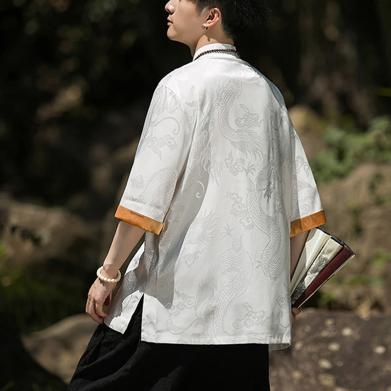 Buddha Stones Embroidered Dragon Pattern Colorblock Design Tang Suit Men's Frog-Button Half Sleeve Shirt - image 2