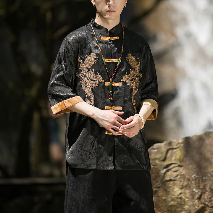 Buddha Stones Embroidered Dragon Pattern Colorblock Design Tang Suit Men's Frog-Button Half Sleeve Shirt - image 12