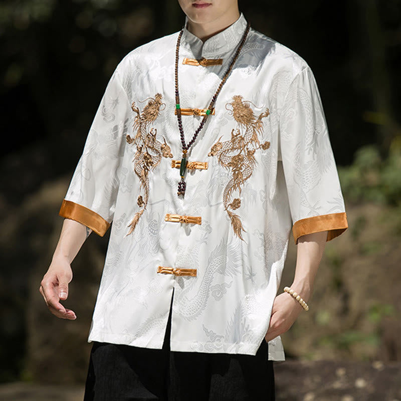 Buddha Stones Embroidered Dragon Pattern Colorblock Design Tang Suit Men's Frog-Button Half Sleeve Shirt - image 9