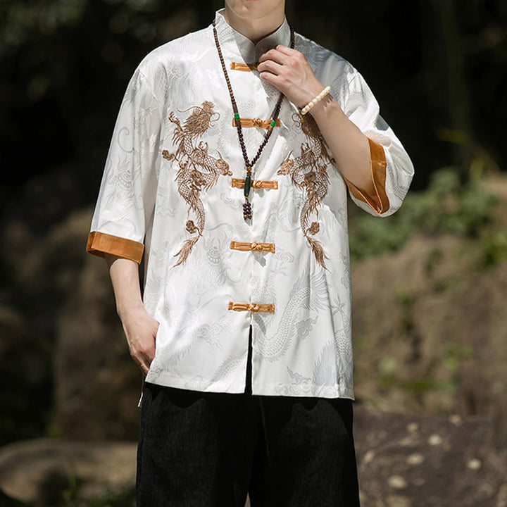 Buddha Stones Embroidered Dragon Pattern Colorblock Design Tang Suit Men's Frog-Button Half Sleeve Shirt - image 7
