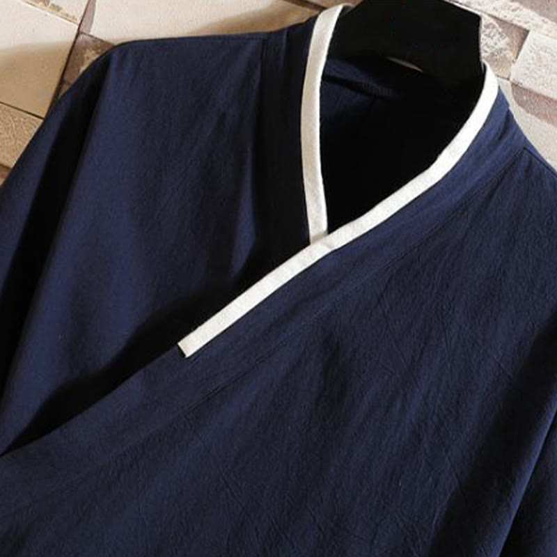 Buddha Stones Embroidered Crane Auspicious Cloud Pattern Open Front Short Sleeve Jacket Men's Cotton Kimono - image 1