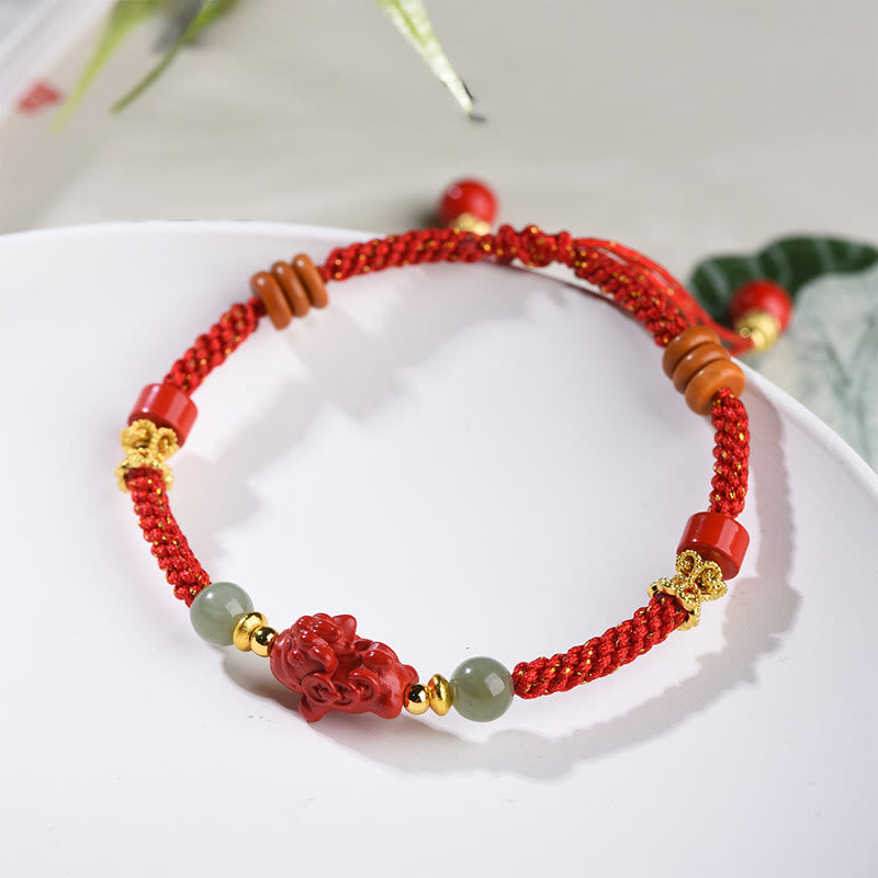 Buddha Stones Year Of The Horse Cinnabar Hetian Jade Red String Blessing Bracelet - image 1