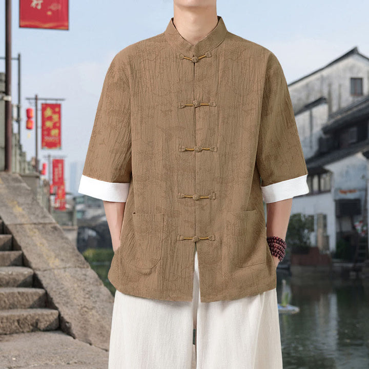 Buddha Stones Summer Crane Pine Tree Pattern Tang Suit Men's Frog-Button Half Sleeve Cotton Shirt With Pockets - Goldenrod - US/UK/AU46，EU56 (5XL) - image 7