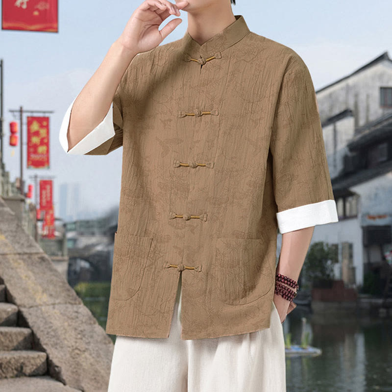 Buddha Stones Summer Crane Pine Tree Pattern Tang Suit Men's Frog-Button Half Sleeve Cotton Shirt With Pockets - image 11