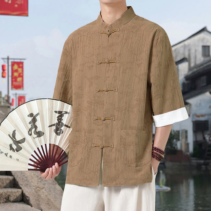 Buddha Stones Summer Crane Pine Tree Pattern Tang Suit Men's Frog-Button Half Sleeve Cotton Shirt With Pockets - image 8