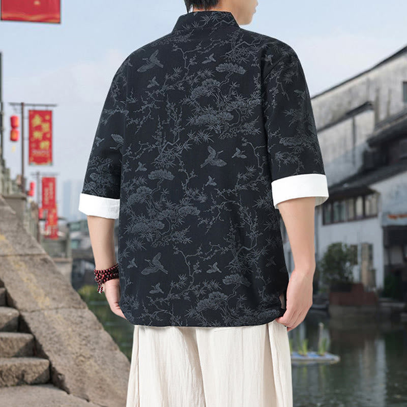 Buddha Stones Summer Crane Pine Tree Pattern Tang Suit Men's Frog-Button Half Sleeve Cotton Shirt With Pockets - image 1