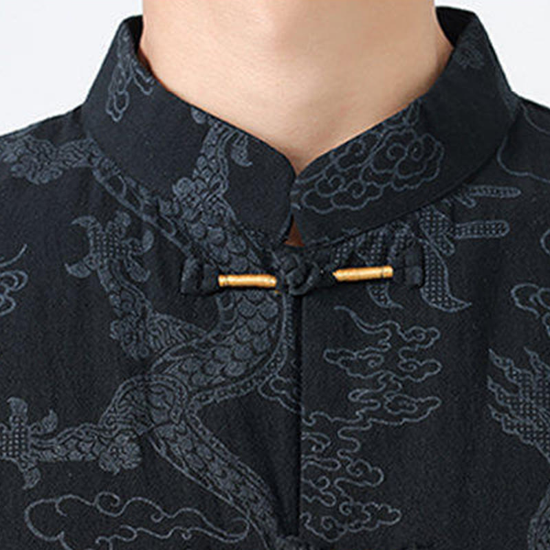 Buddha Stones Summer Dragon Auspicious Clouds Pattern Tang Suit Men's Frog-Button Half Sleeve Cotton Shirt - image 3