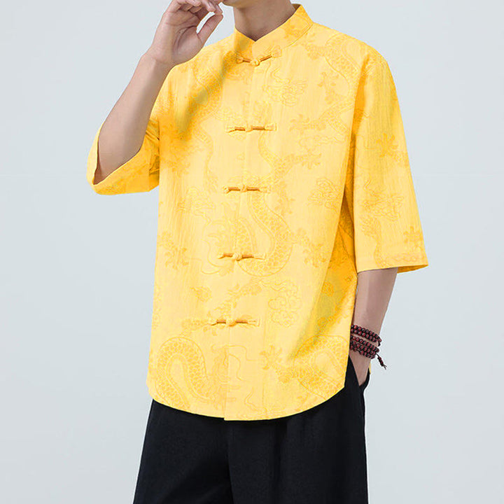 Buddha Stones Summer Dragon Auspicious Clouds Pattern Tang Suit Men's Frog-Button Half Sleeve Cotton Shirt - image 15