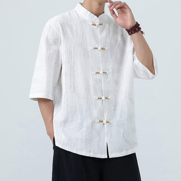 Buddha Stones Summer Dragon Auspicious Clouds Pattern Tang Suit Men's Frog-Button Half Sleeve Cotton Shirt - image 17