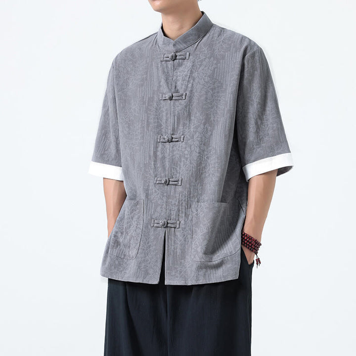 Buddha Stones Summer Flowers Grass Pattern Tang Suit Men's Frog-Button Half Sleeve Cotton Shirt With Pockets - Gray - US/UK/AU46，EU56 (5XL) - image 4