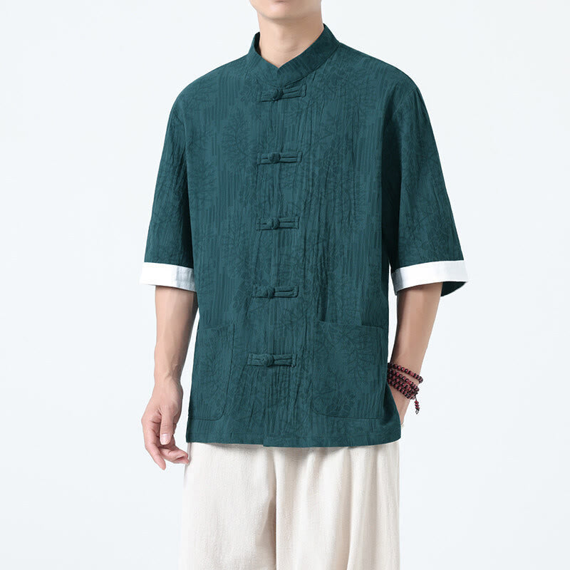 Buddha Stones Summer Flowers Grass Pattern Tang Suit Men's Frog-Button Half Sleeve Cotton Shirt With Pockets - Teal - US/UK/AU46，EU56 (5XL) - image 15