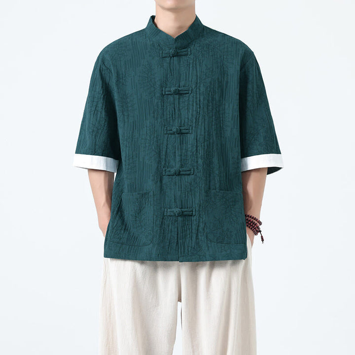 Buddha Stones Summer Flowers Grass Pattern Tang Suit Men's Frog-Button Half Sleeve Cotton Shirt With Pockets - image 17