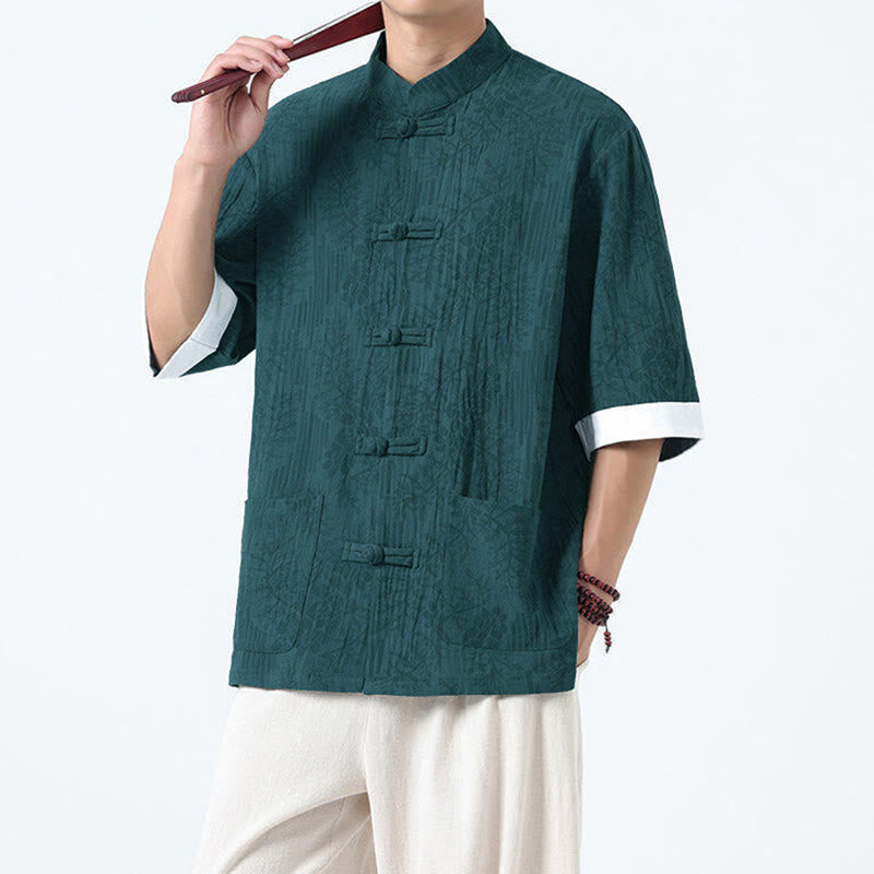 Buddha Stones Summer Flowers Grass Pattern Tang Suit Men's Frog-Button Half Sleeve Cotton Shirt With Pockets - image 19