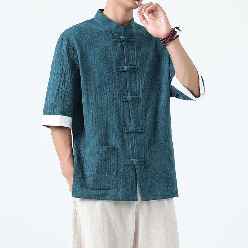 Buddha Stones Summer Flowers Grass Pattern Tang Suit Men's Frog-Button Half Sleeve Cotton Shirt With Pockets - image 16