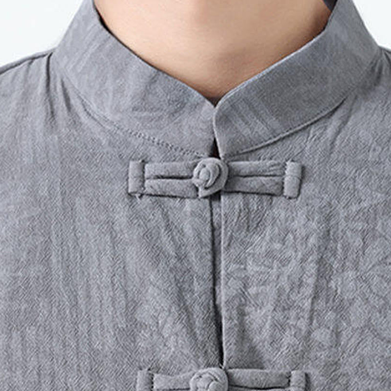 Buddha Stones Summer Flowers Grass Pattern Tang Suit Men's Frog-Button Half Sleeve Cotton Shirt With Pockets - image 7