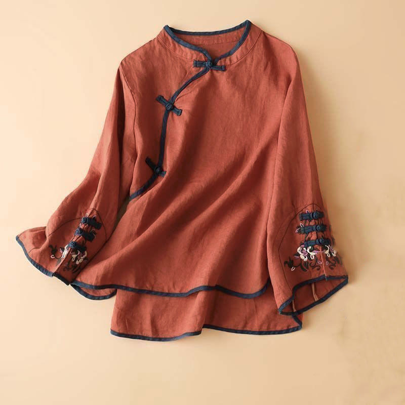 Buddha Stones Retro Flower Embroidery Design Long Sleeve Women's Shirt - Red - US12，UK/AU16，EU44 (4XL) - image 0