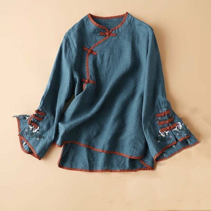 Buddha Stones Retro Flower Embroidery Design Long Sleeve Cotton Linen Women's Shirt - SteelBlue - US14，UK/AU18，EU46 (4XL) - image 11
