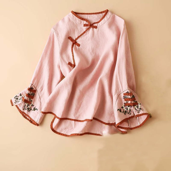Buddha Stones Retro Flower Embroidery Design Long Sleeve Cotton Linen Women's Shirt - Pink - US12，UK/AU16，EU44 (4XL) - image 13
