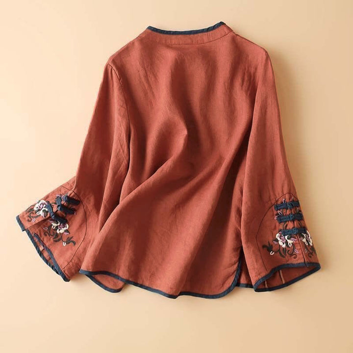 Buddha Stones Retro Flower Embroidery Design Long Sleeve Women's Shirt - image 1