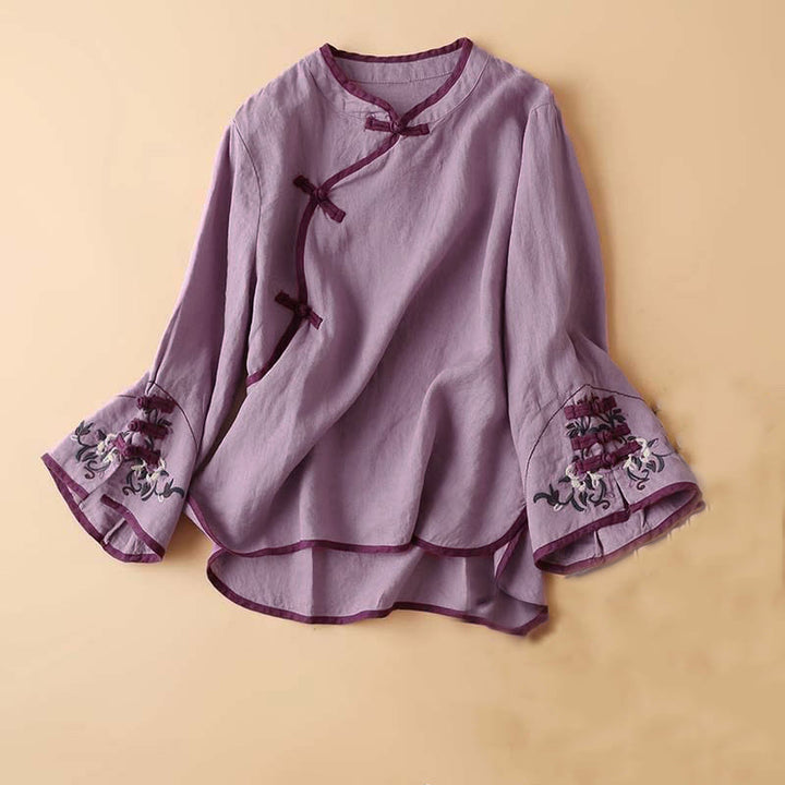 Buddha Stones Retro Flower Embroidery Design Long Sleeve Cotton Linen Women's Shirt - Violet - US14，UK/AU18，EU46 (4XL) - image 17