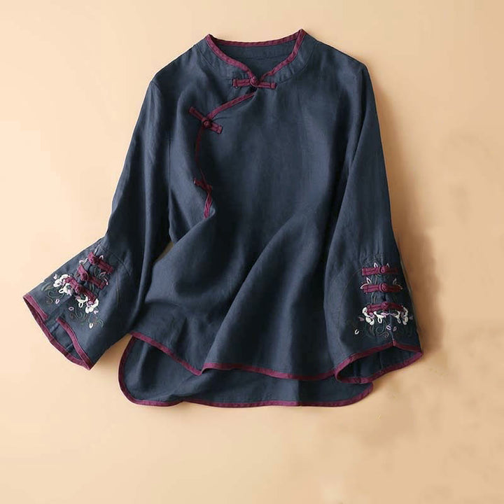 Buddha Stones Retro Flower Embroidery Design Long Sleeve Cotton Linen Women's Shirt - DarkSlateBlue - US14，UK/AU18，EU46 (4XL) - image 22
